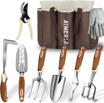 Gardening Tools Set of 9 Heavy Duty Garden Tools with Non-Slip Rubber Grip with Large Garden Bag for Tools Durable Hand Tools for Gardening, Weeding,Gardening Gifts for Women,Men