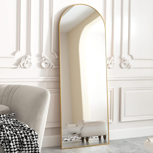 Espejo de cuerpo entero arqueado de 64"x21", con soporte, inclinable o para colgar, marco de aluminio, decoración moderna y sencilla para el hogar, para sala de estar, dormitorio, guardarropa, color dorado